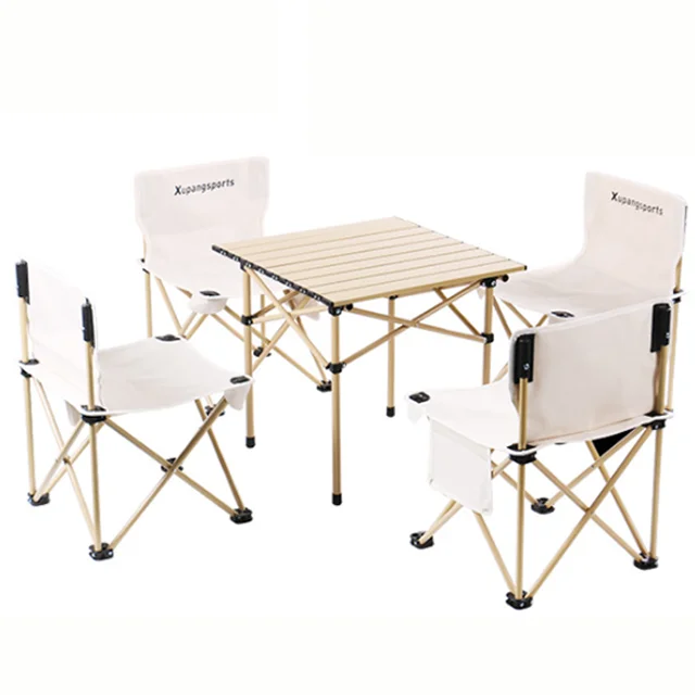 
Portable Foldable Aluminum Table and Chair Set for 4 Person Camping Picnic BBQ,Chair with Large Storage Bag and Net Holder 