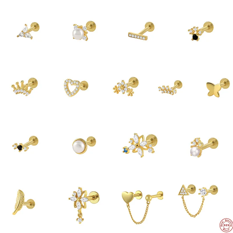 Fashion 925 Sterling Silver Gold Filled Jewelry Geometric Cartilage Zircon Diamond Pearl Flat Back Stud Women Piercing Earrings