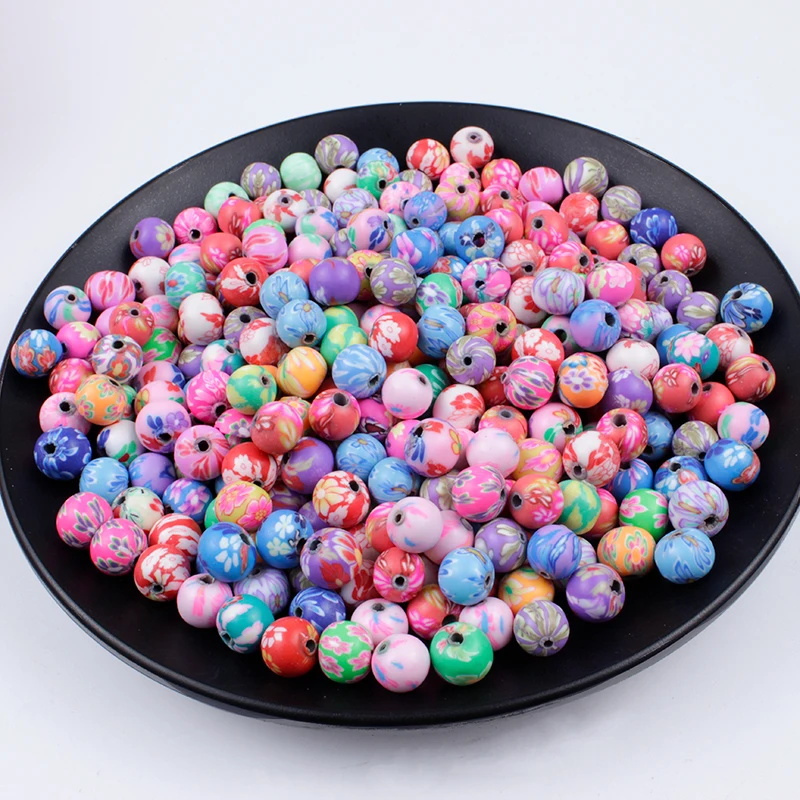 
50Pcs/Bag 8mm Polymer Clay Flower Pattern Printing Beads Round Loose Beads Random Mix Colors for Make Jewelry Wholesale 