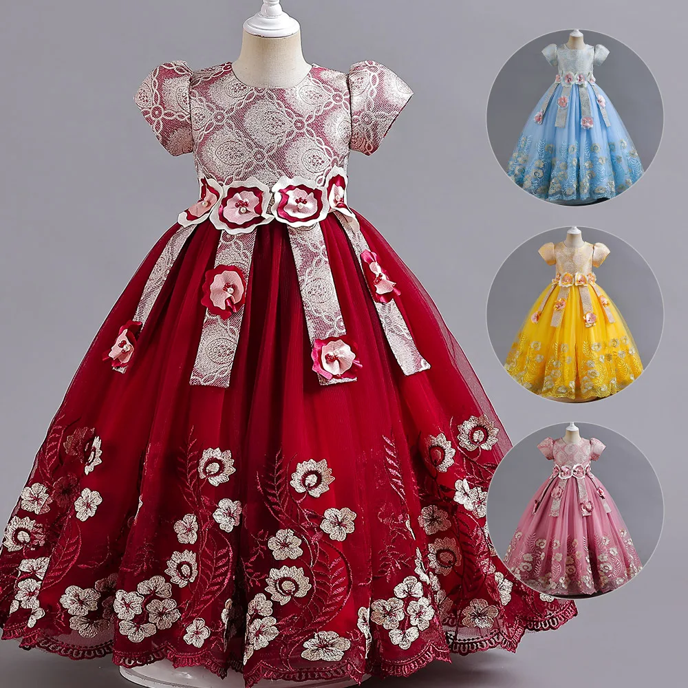 High quality girls short sleeve party ball princess dresses embroidered flower long dress