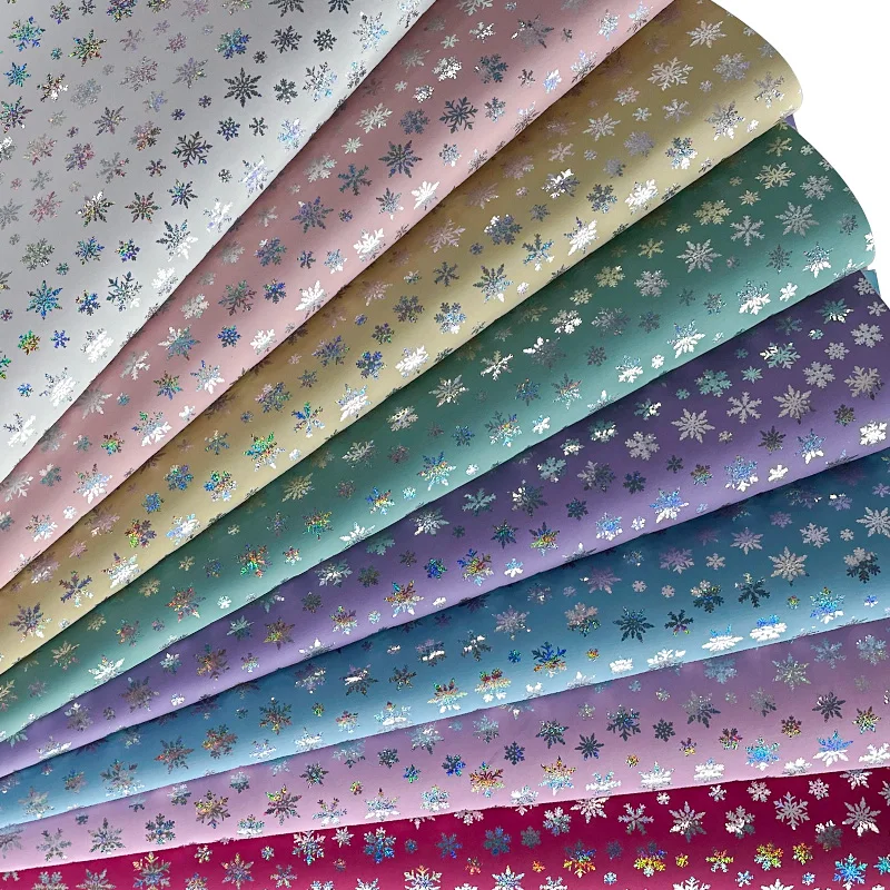 Holographic Snowflake pattern printed reflective Synthetic Fabric Laser PU faux Leather For Christmas/Halloween party upholstery
