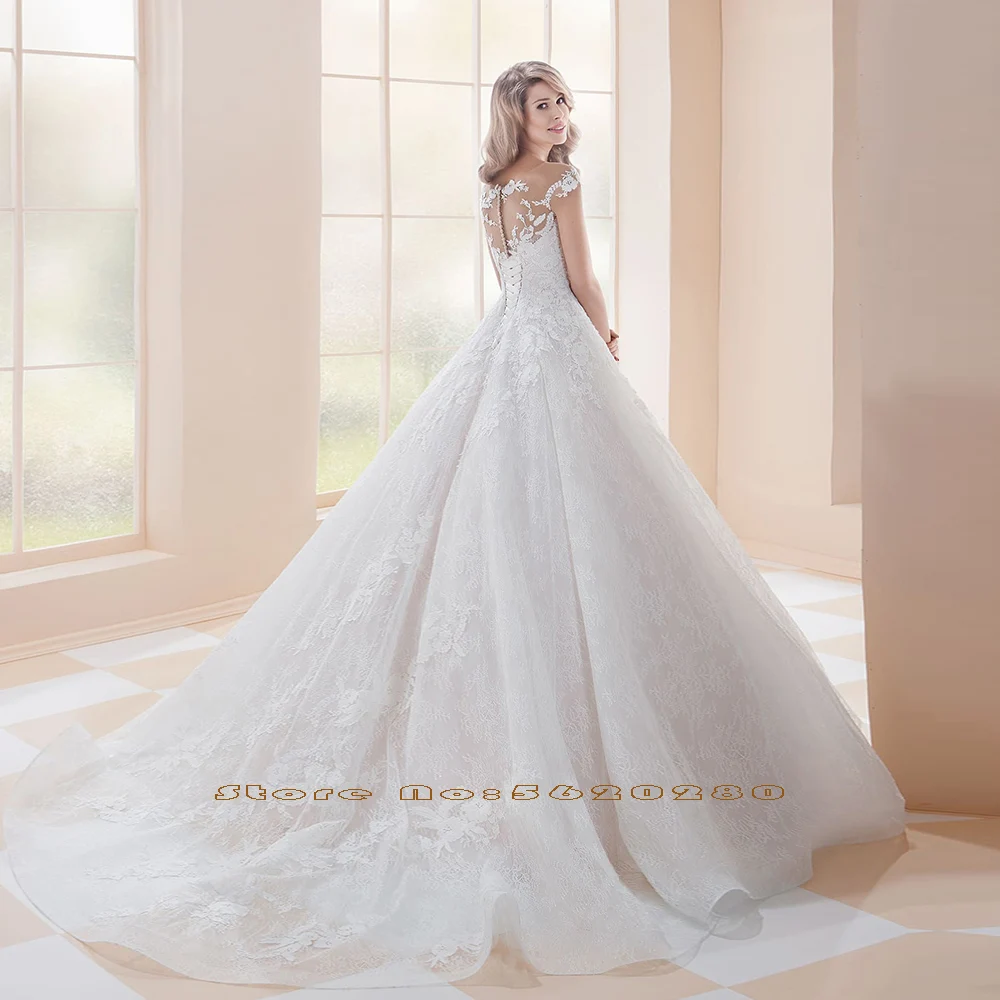 2021 Новое поступление аппликации кружево ТРАПЕЦИЕВИДНОЕ свадебное платье Vestidos De Boda; С круглым воротником и рукавами-крулышками принцессы на свадьбу платья