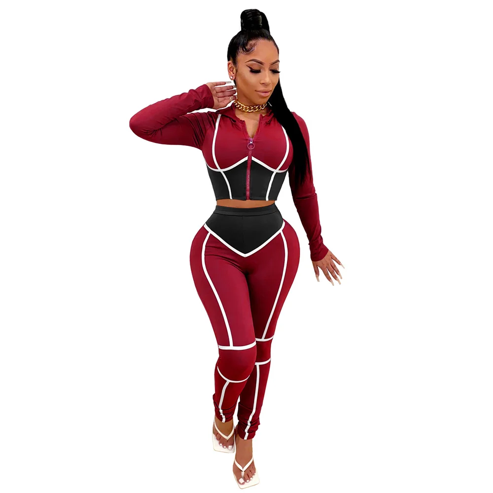 2021 Womens Fall Clothing Contrast Color Long Sleeve Hoodie Crop Top Two 2 Piece Pants Set Women Workout Clothes Tracksuits