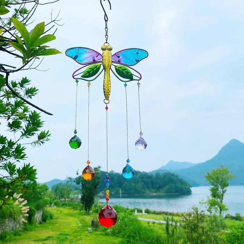 Стрекоза и бабочка Хрустальный солнцезащитный котел витражи Висячие призмы солнцезащитные украшения для сада в помещении