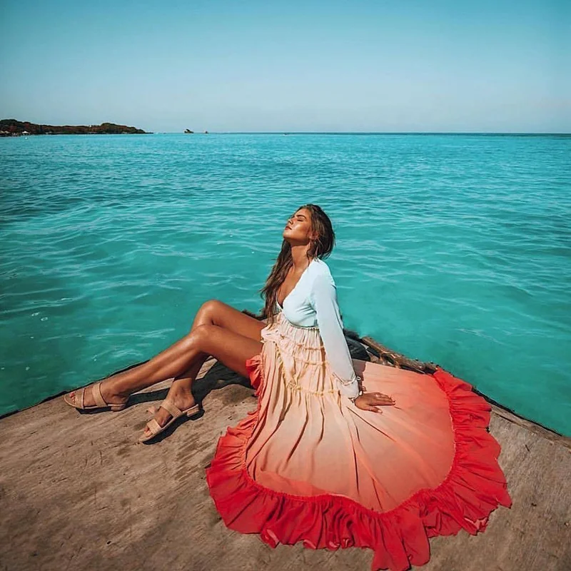 Women ruffles sweet vestidos rainbow print summer bohemian dress holiday long beach dress bohemian beach maxi dresses