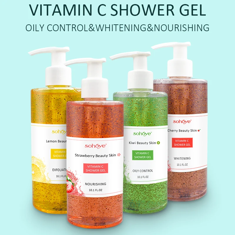 Factory price smooth birghten skin exfoliating scrub spa bath fruit whitening cowry pretty shower gel