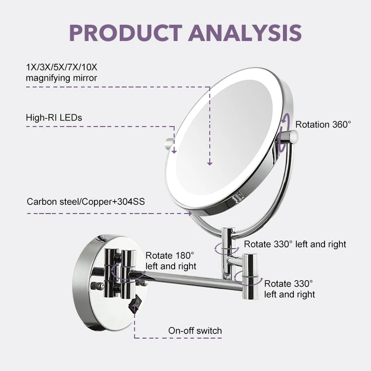 Modern Bathroom Double Sides Dual Arm Extend Wall Mounted Adjustable Magnifying Gold Mirror With Led Light