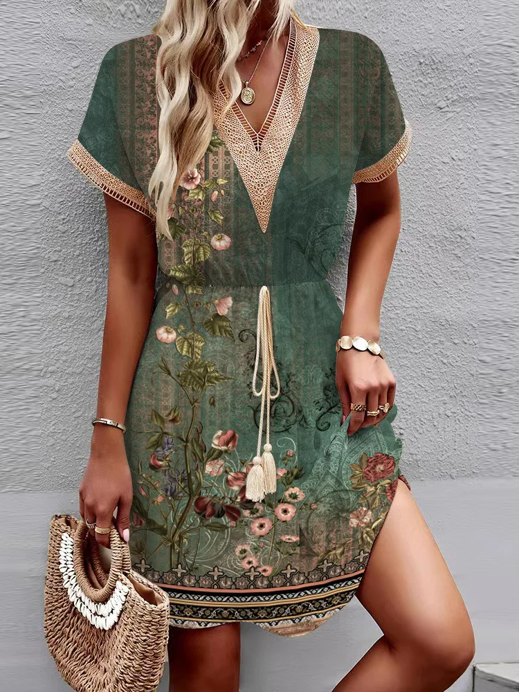 2024 New Spring/Summer Leisure Dress Printed Short Sleeve Lace V-Neck Waist Wrap Dress dresses women clothing