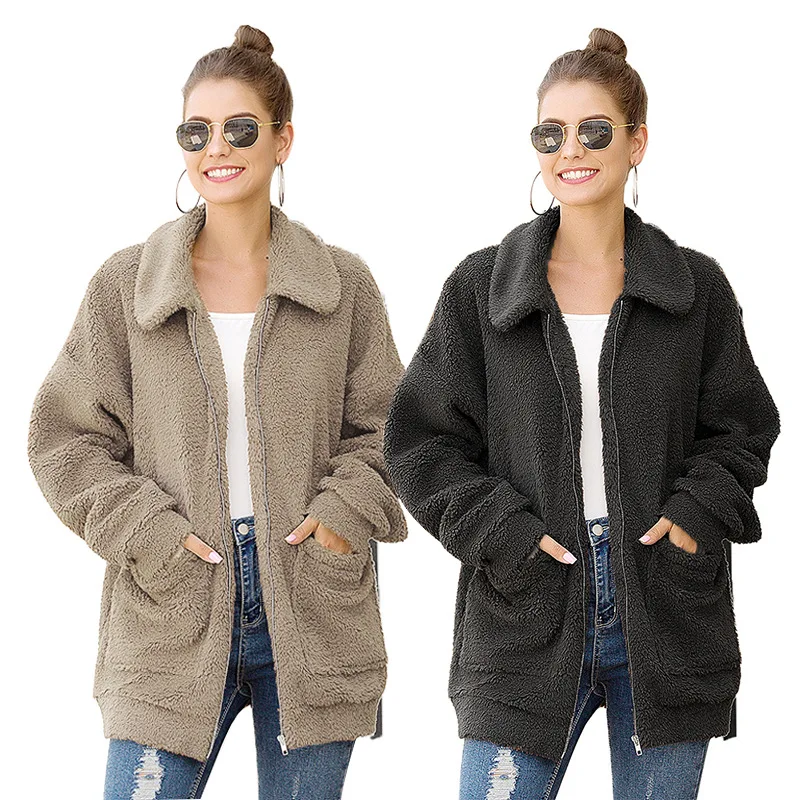 
New Lapel Sweatshirt Fleece Fur Coat 2020 Women Winter Warm Soft Thick Plush Zipper Overcoat Short Outerwear Soild Jacket Women 