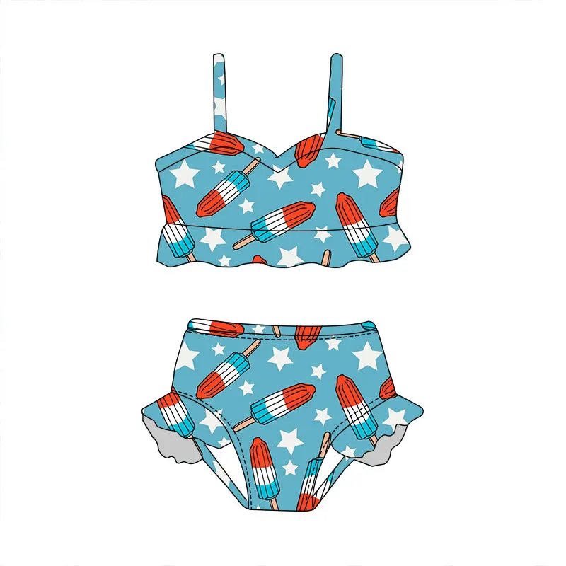 Wholesale Baby Summer Girl Flower Swimsuit Sets Girl Cute Ice Cream Fourth of July Swimwear