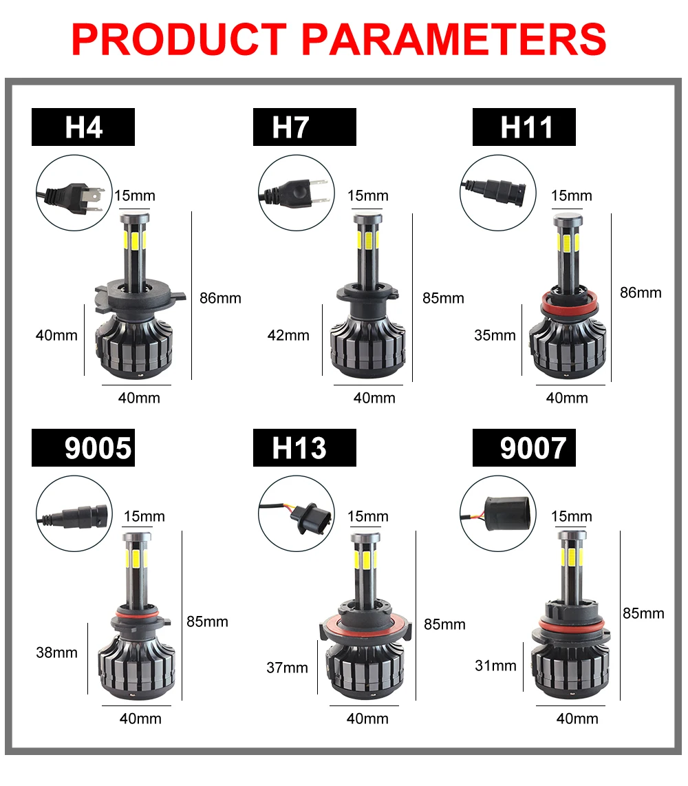 Vehicle parts Lighting System Faros IP68 Waterproof Lamp H1 H3 H11 H4 H7 9005 9006 Auto Led Headlight Bulbs Replaced Wholesale