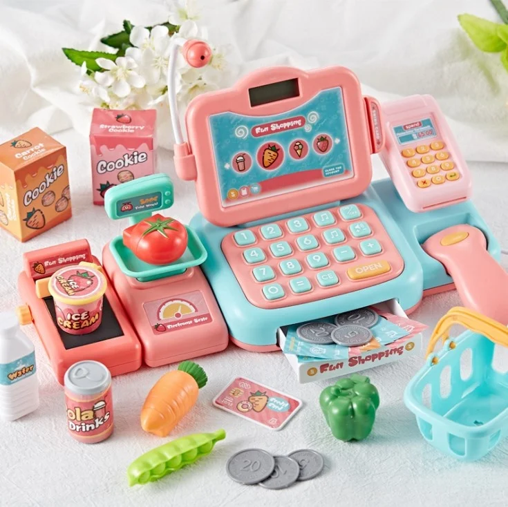 DIY Pretend multi-function intelligent shopping supermarket fruit scan cash register toy set with microphone