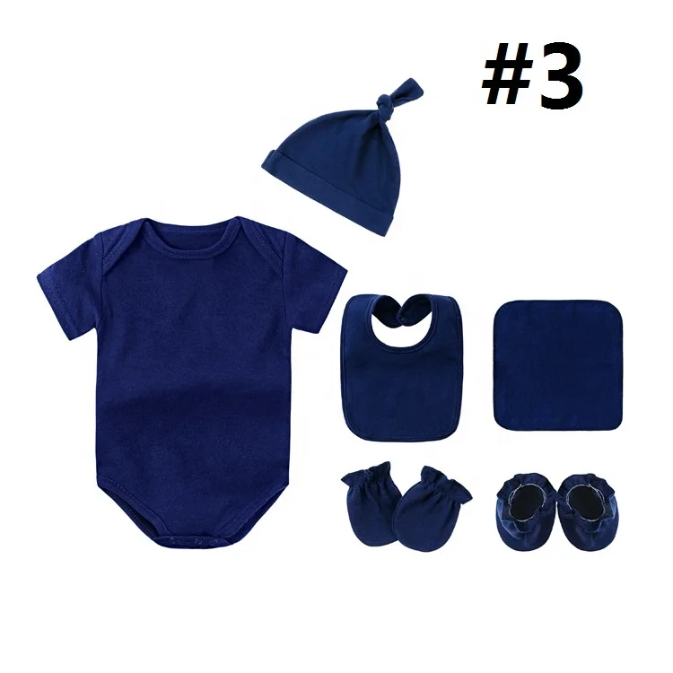 Custom Logo Newborn baby cotton clothes hat bibs socks mittens short sleeve baby romper set