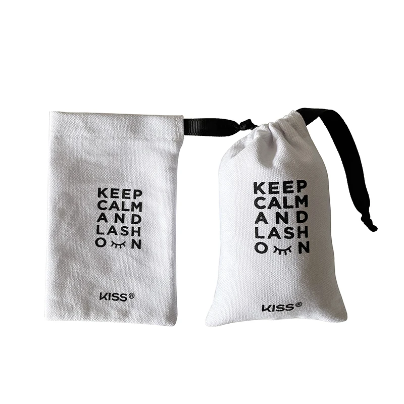 Custom Logo High Quality 9X14CM White 10OZ Cotton Eyelashes Bags With Ribbon drawstring