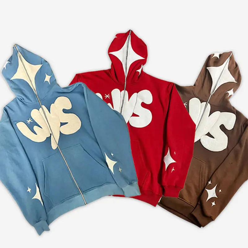 100% Cotton Puff screen Printing Streetwear Full Zip up Hoodie Manufacturers Hoodies Custom Logo Heavyweight Zip Up Hoodies