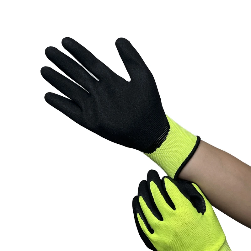 Cheap China 13G Hi-vis yellow polyester liner, black sandy nitrile palm coated gloves, double dipped Gloves For Industrial Use