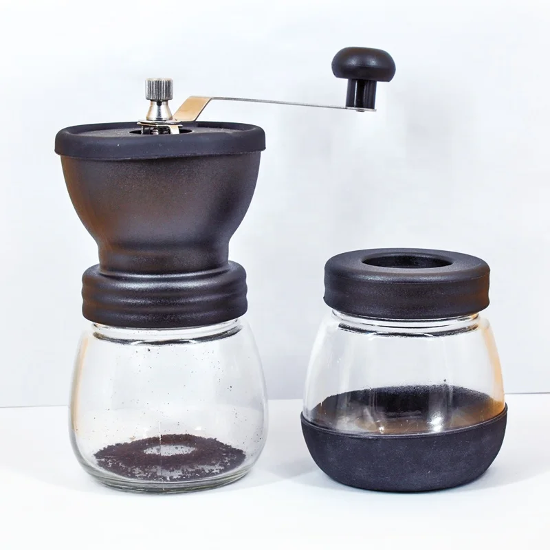 New Design Glass Jar Stainless Steel Body Plastic Handle Ceramic Corn Hand Manual Coffee Grinder