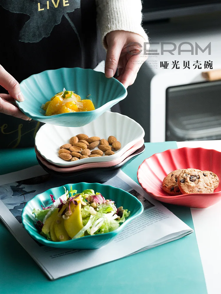 Porcelain Dessert Snack Fruit Salad Tableware Shell Shape Ceramic Plate For Restaurant