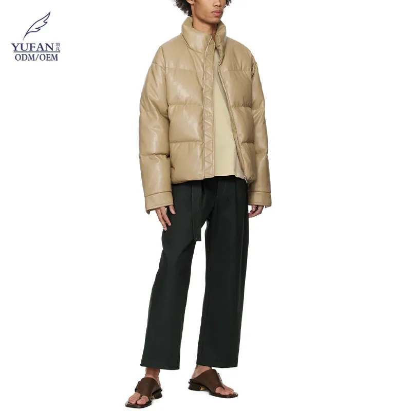 YuFan Custom Vegan Leather Down Jacket Funnel Neck Coated Down-Filled Quilted Waterproof Coats For Men Outdoor Winter Jackets