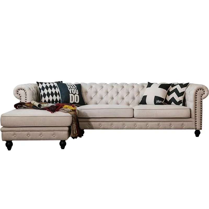 American Style Chesterfield Soft  L Shape Classic Tufted Button Corner Sofa With Chaise Lounge Couch