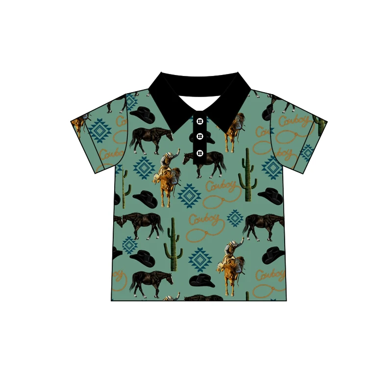 Custom Printed Blue Cowboy T Shirt Button Pullover for Boys Tops Children Pullover Short Sleeve Shirt Clothing