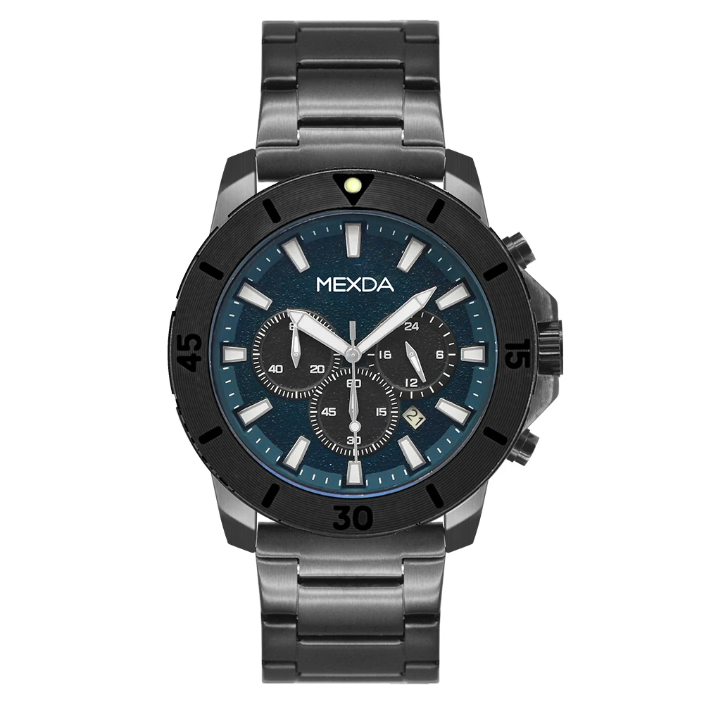 Mexda Custom Logo Luxury Chronograph Watch Stainless Steel Bracelet Luminous Hands Automatic Watch for Men Reloj Hombre