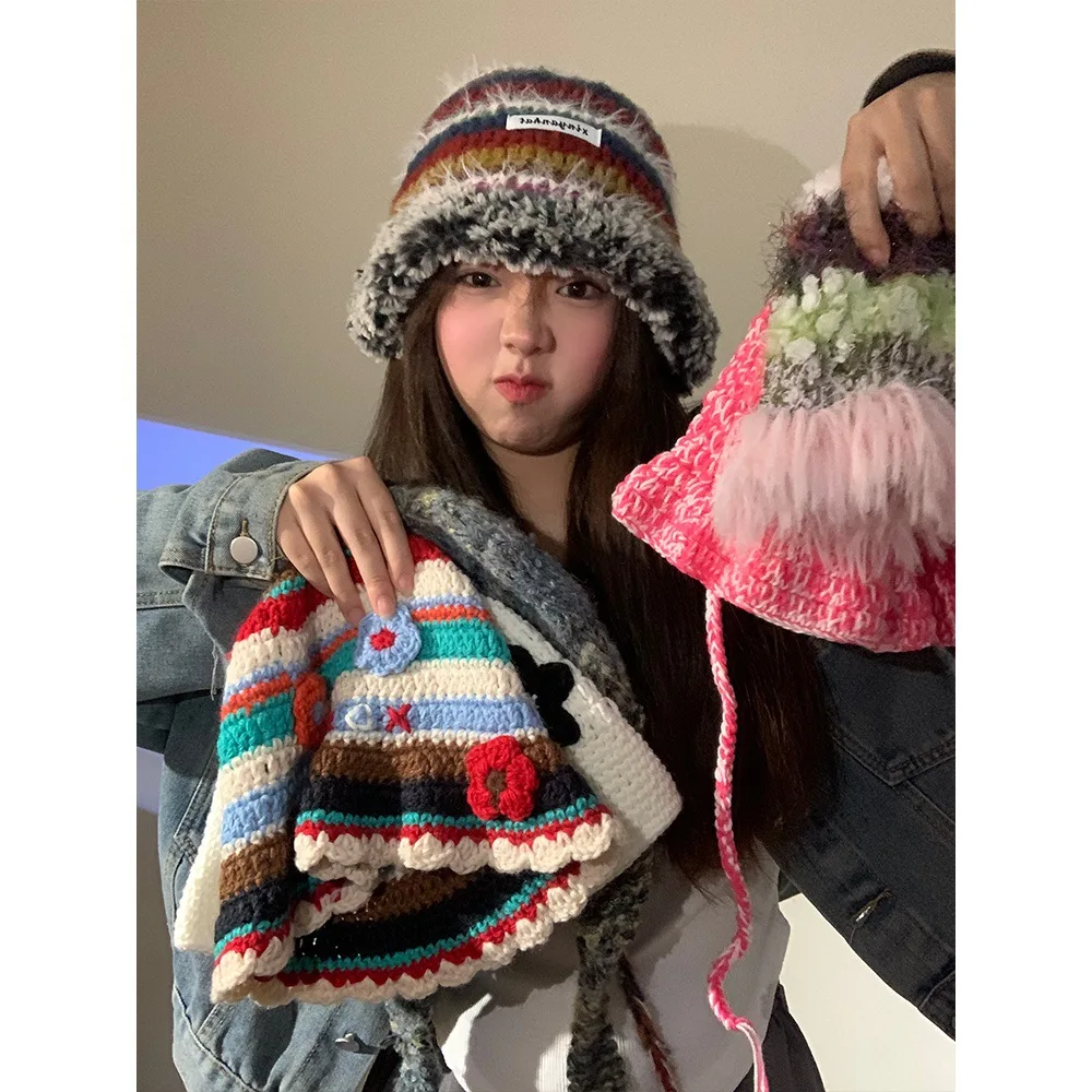 Rainbow Female Face Slimming Warm Plush Bucket Earflaps Hat Beanie