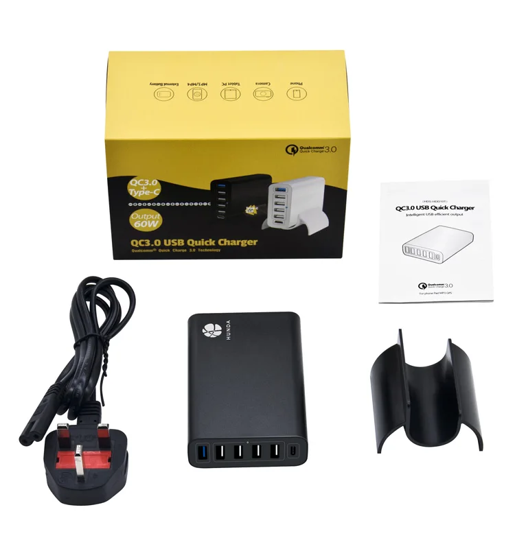 2020 unique 6-port usb charger desktop charging station 60w QC3.0 multi function micro usb tablet wall charger with led light