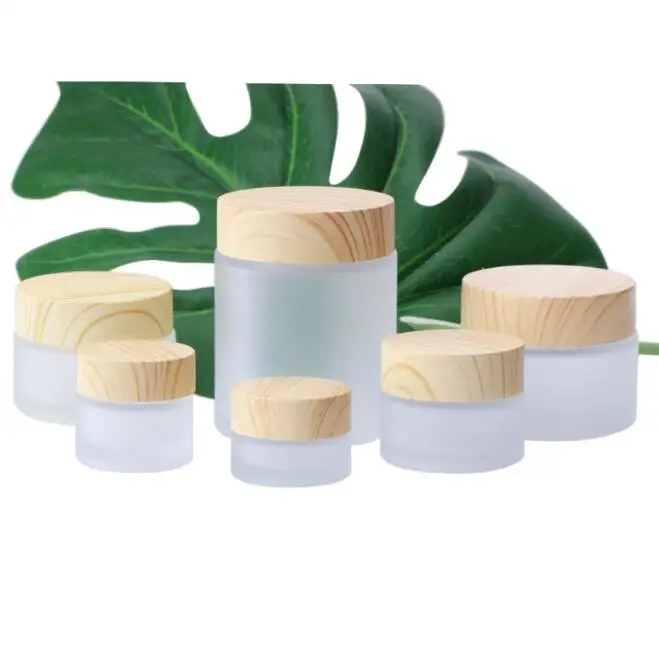 Cream Bottles Round Cosmetic Jars Hand Face Packing Bottles Jars 5g 10g 15g 30g 50g 100g Cream Frosted Glass with Wood Grain