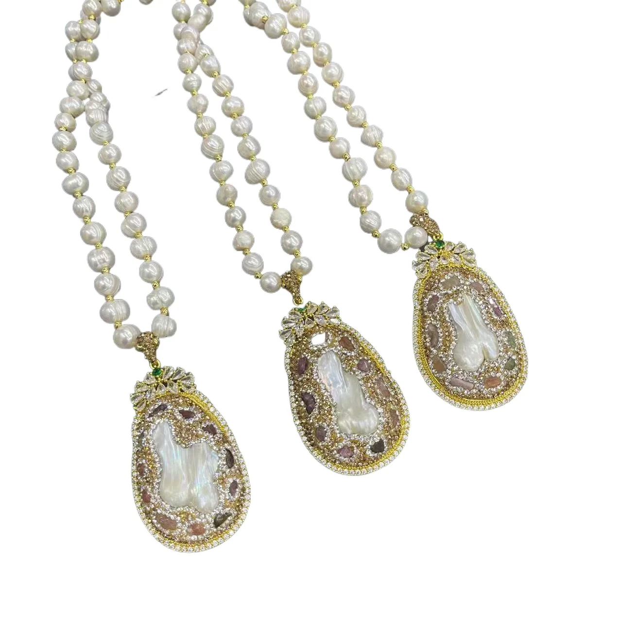 New Zircon Stone Jewelry Set Tourmaline Natural Baroque Pearl Charm Pendant Necklace