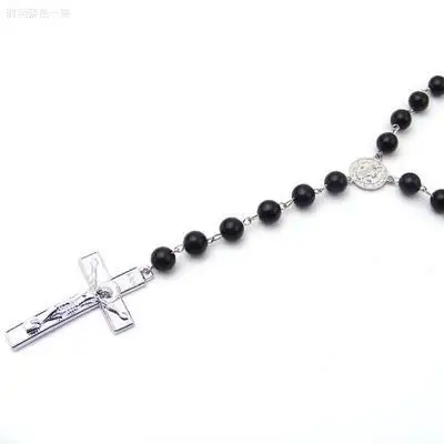 Fashion Black Beads Jesus Cross Rosary Necklace for Women Men