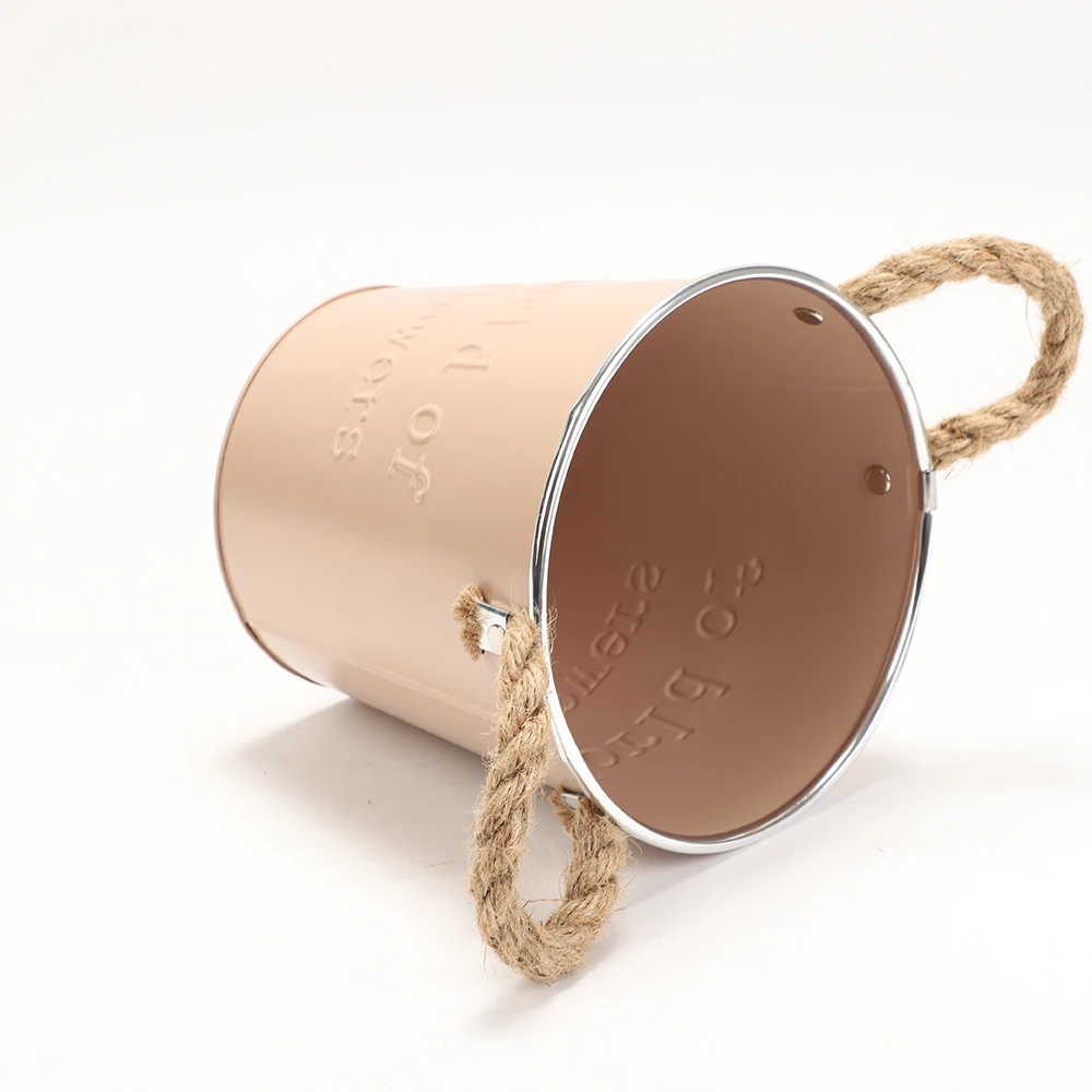 Wholesale small metal bucket garden pot with rope handle for home decoration