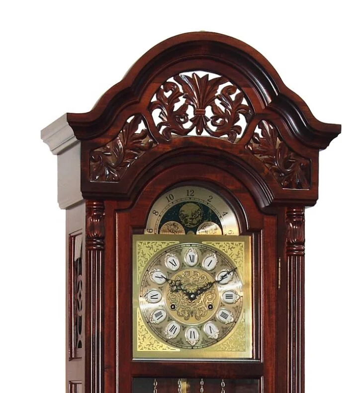 Grandfather Floor Wooden clock with book-matched olive ash burl gracing the front and sides of the unique swan neck pediment