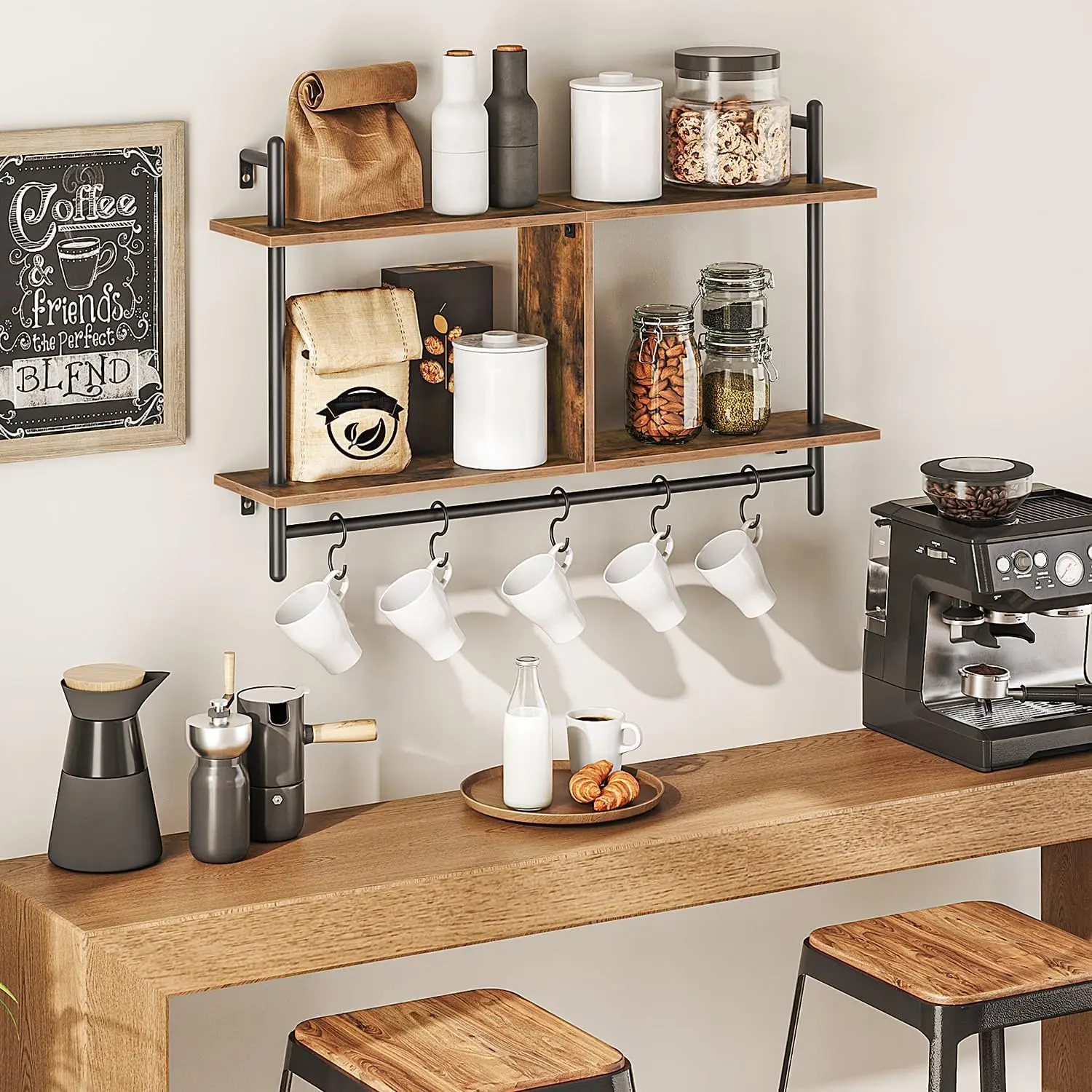 Zhongou Customized Floating Shelves Wooden 2-Tier Storage Wall Shelf Storage Rack with Hanging Rod for Living Room