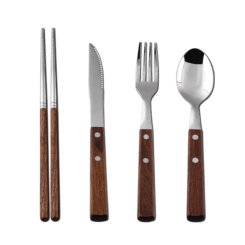 wholesale good chinese cheap spoon fork knife flatware metal stainless steel cutlery set with wooden handle flatware