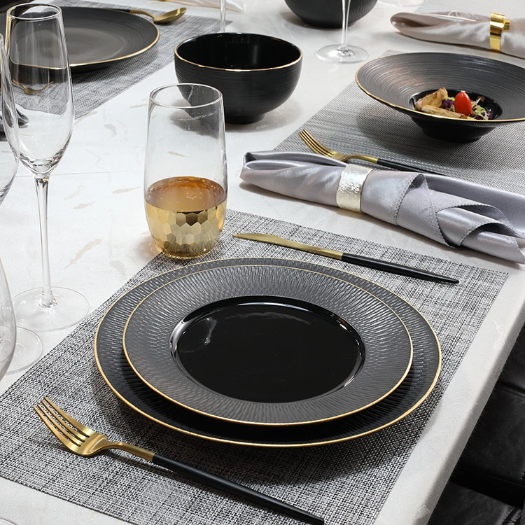 Wholesale Black Porcelain Gold Rim Ceramic Plate matte Crockery Dinner Plate sets Vaisselle Dish Restaurant Dinnerware Plates