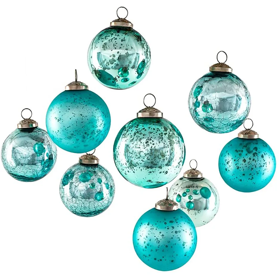 Holiday Wedding Decorations Set of 9 Assorted Teal Glass Ball Ornaments Eco-friendly