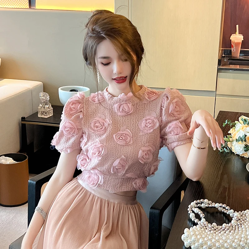 ZYHT 50120 Pink 3D Mseh Rose Flower Stitching Hollow Short Sleeve Women Blouse Slim Waist Ladies Retro Knitted Tops Clothes