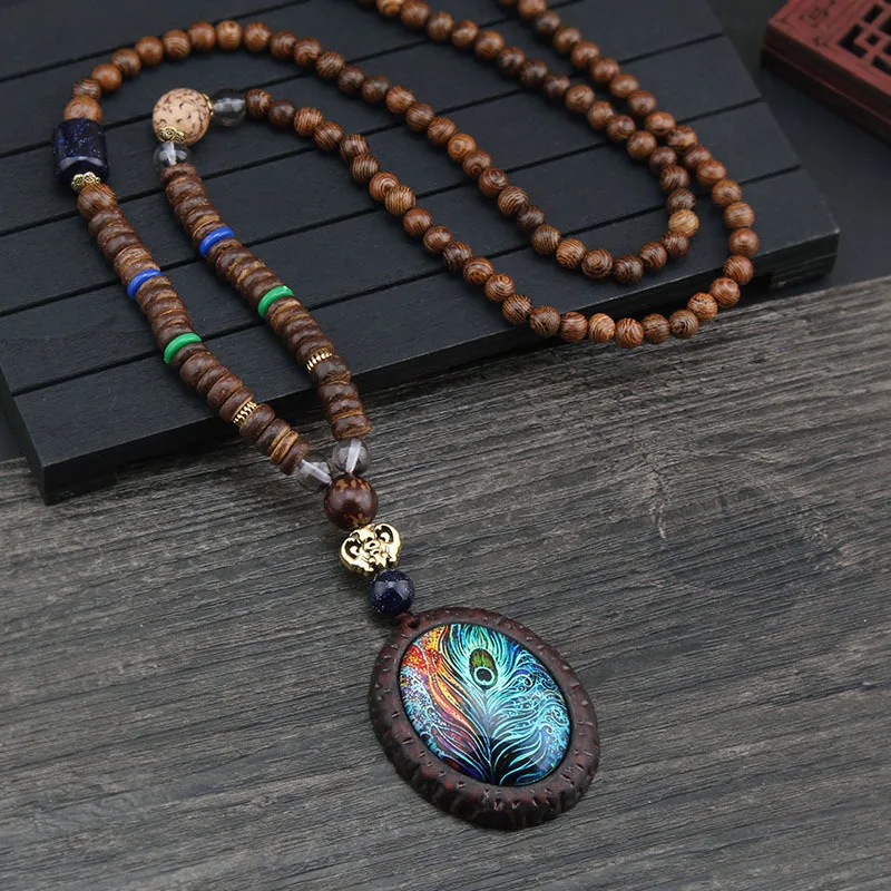 Hot Sale Women Long Bodhi Feather Elephant Pendant Handmade Boho Mala Wood Bead Necklace Statement