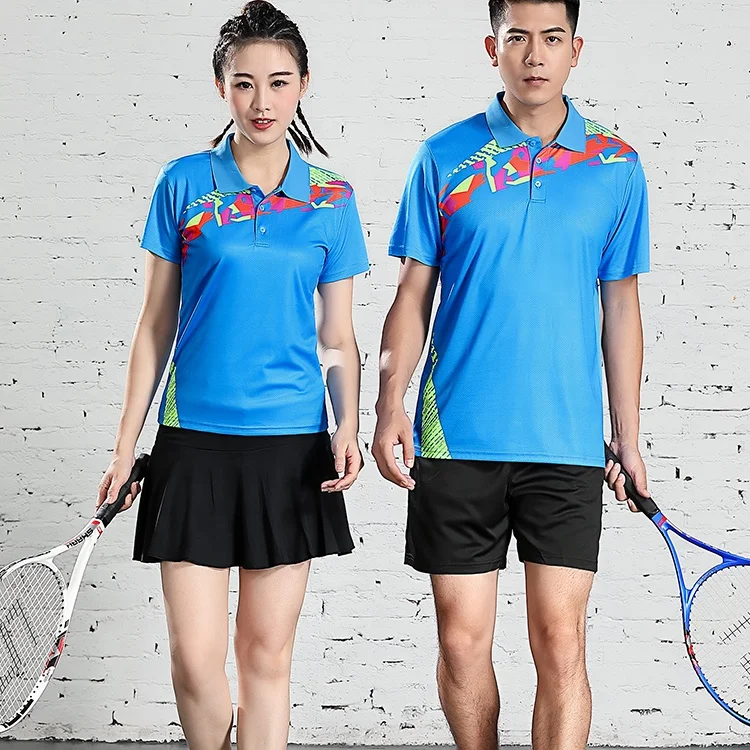 Light blue badminton jerseys shorts skirts men women kids tennis wear custom made logo volleyball uniform