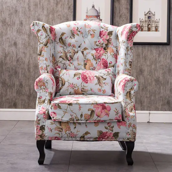 Wood Chesterfield Armchair Living Room Queen Anne High Back Wing Chair Linen Single Sofa Chair