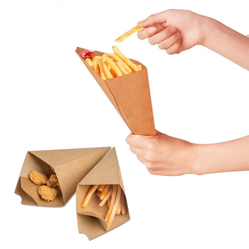 Disposable food-safe kraft paper cone fries chicken nuggets potato chip paper cone with built-in condiment dipping pocket
