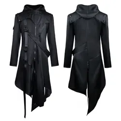 FanLi  Halloween Gothic Punk Black Jackets Medieval Retro Men Knight Vampire Cosplay Costume Hooded Coat Outerwear