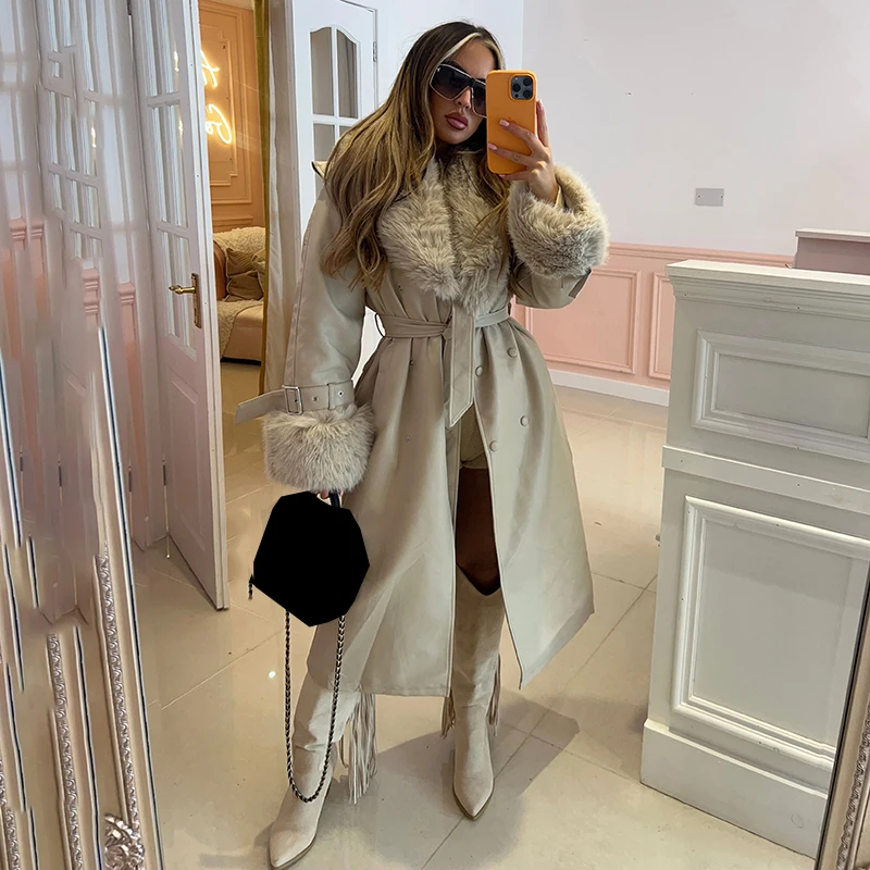 Detachable Fur Collar Long Trench Women Fashion PU Leather Trench Coats Women Elegant Lace Up Trench Female Ladies
