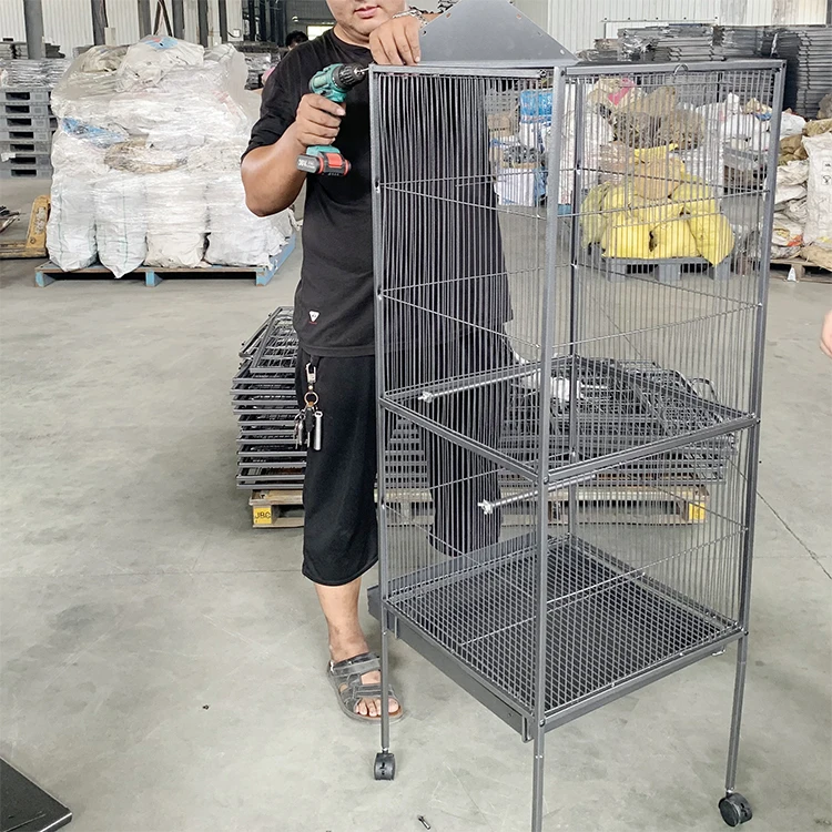 4 wheels Black Metal Wire Large Bird Cage Steel Wire Moving Bird Rabbit Parrot Rest Cage without roof