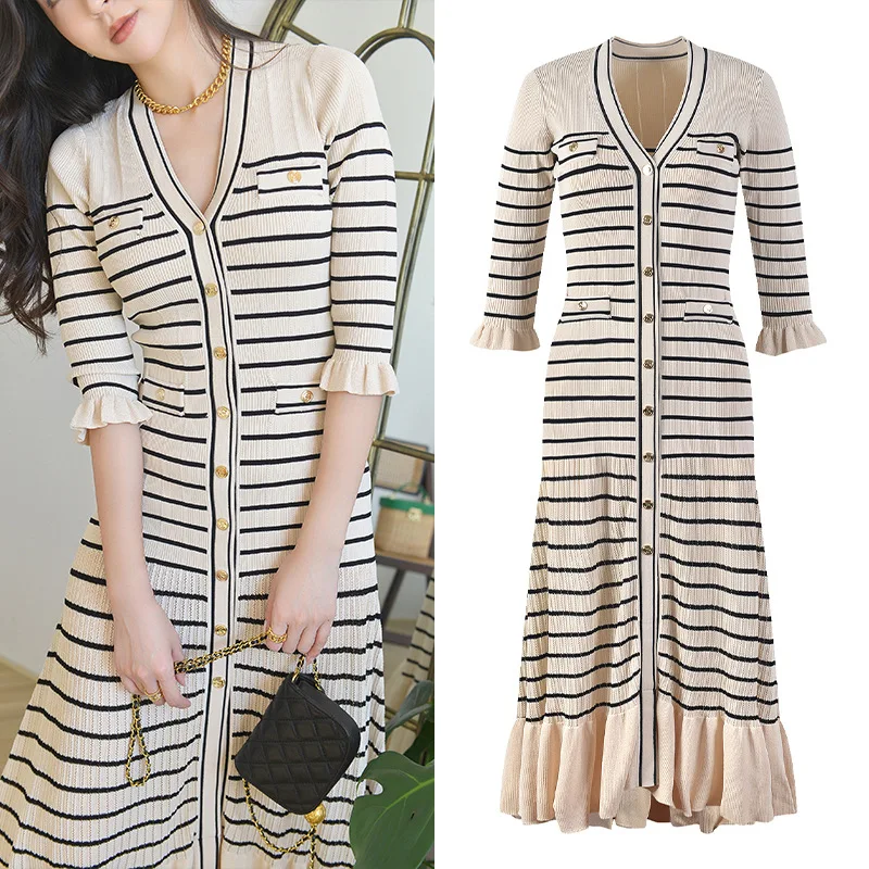 sandro dress Spring and summer new French slouchy women dress fashion striped knit dress V-neck slim-fit MIDI skirt