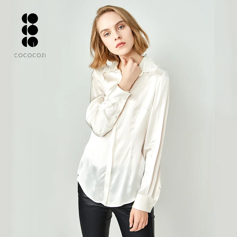 
New style lace embroidery shirt 100% silk long sleeve white silk blouses for women 