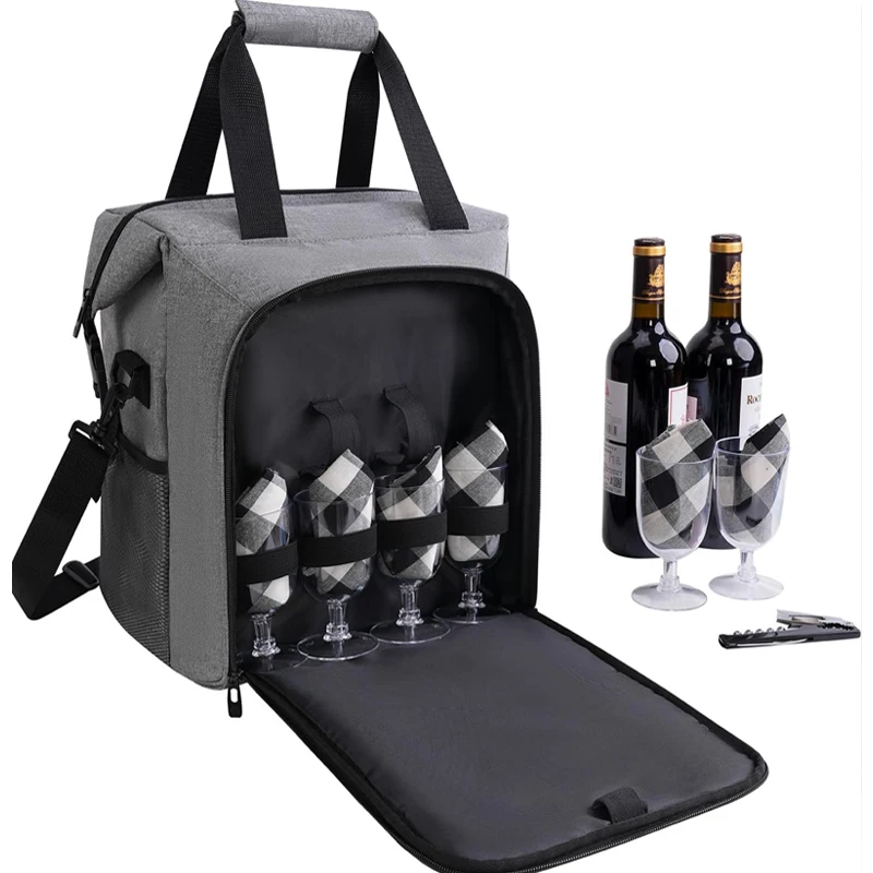 Insulated Wine Cooler Bag for Travel 6 Bottle Wine Tote Bag with Cooler Compartment&Picnic Set Carrying Two Sets of Tableware