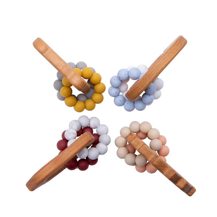 Olive Oil Natural Wooden Food Grade Silicone Baby Animal Teether Chewing Bracelet Rattle