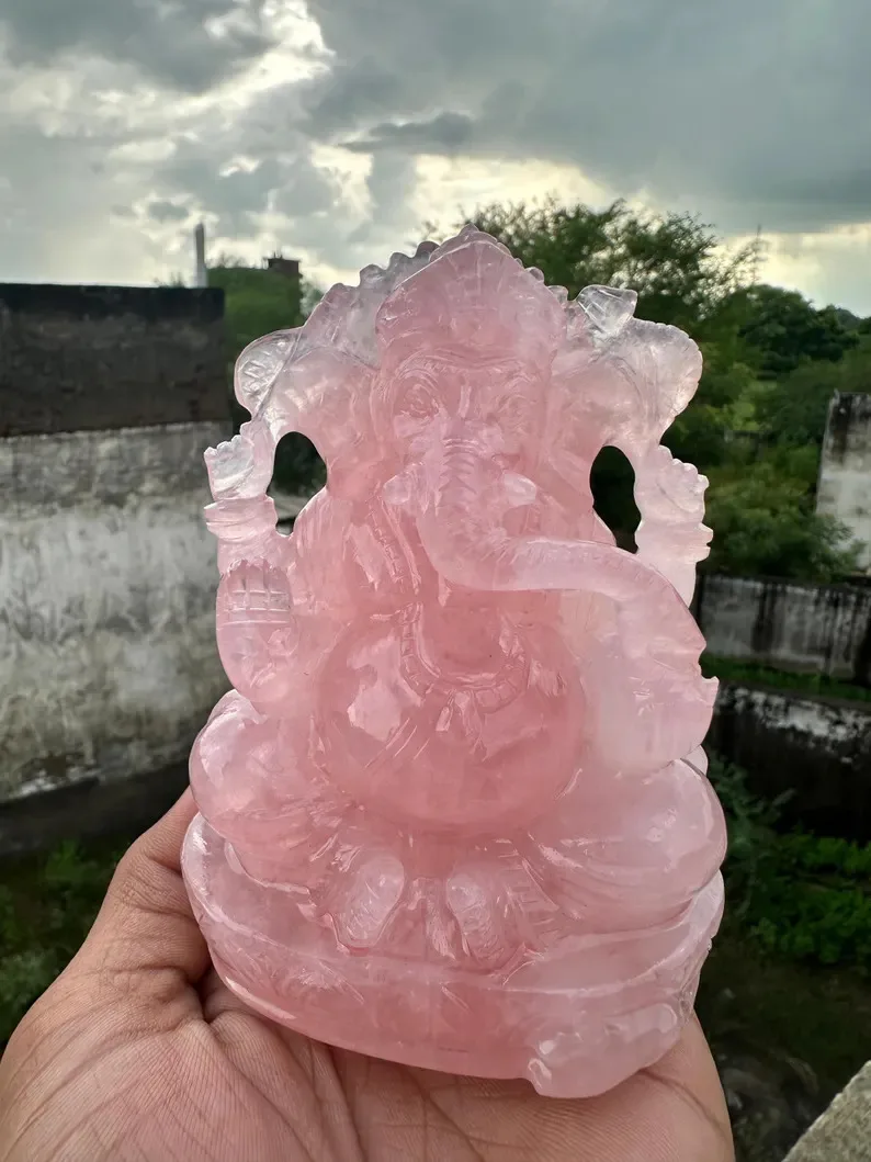 Exquisite Hand Carved GANESH Statue Natural Rose Quartz Gemstone Material Semi-Precious Stone Crafts Exquisite Craftsmanship